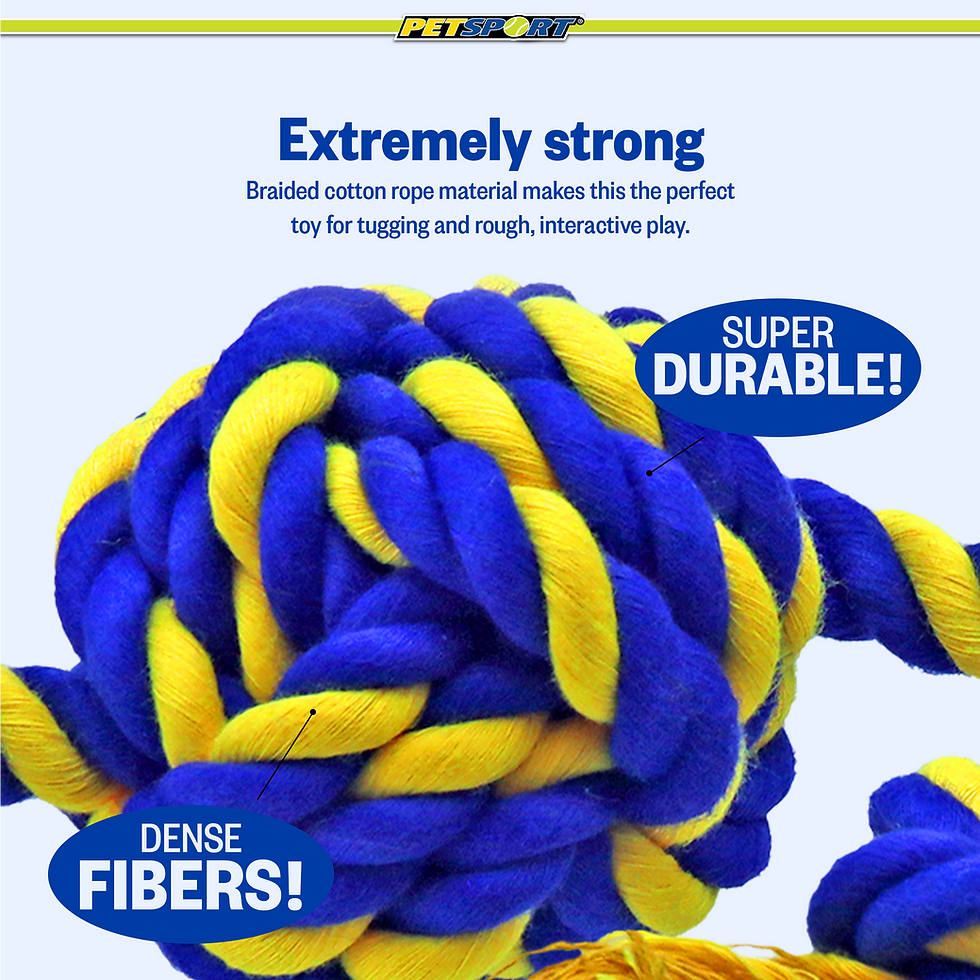 Thumbnail: Knotted blue yellow braided rope toy, “Extremely strong”, “SUPER DURABLE!”, “DENSE FIBERS!”