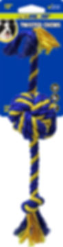 Blue and yellow braided knot pet toy, "COL DO" visible.