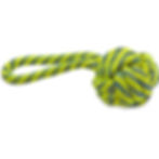 Yellow and blue braided rope dog toy, knotted ball with loop handle.