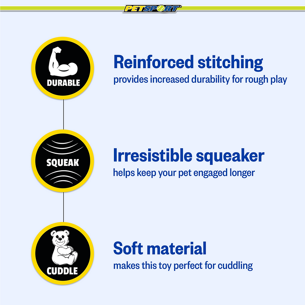 Thumbnail: Pet toy features: reinforced stitching, irresistible squeaker, soft material for cuddling.