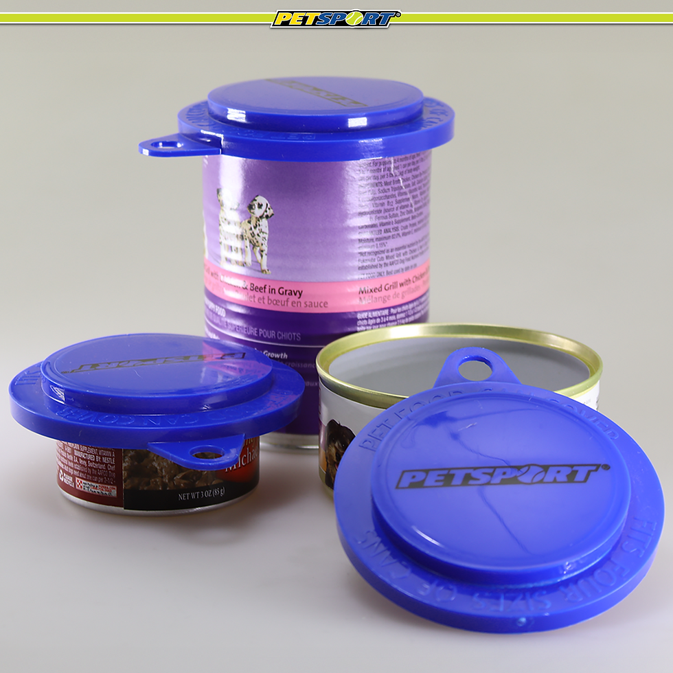 Thumbnail: Blue PETSCART pet food can covers on various sized cans.