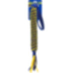 Blue, yellow braided dog tug toy, handle, tassels, on retail packaging.