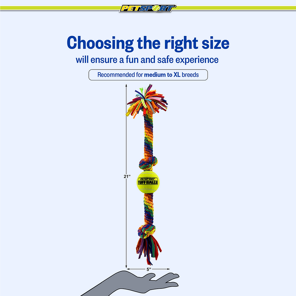 Thumbnail: Colorful rope dog toy with yellow ball, for medium to XL breeds.