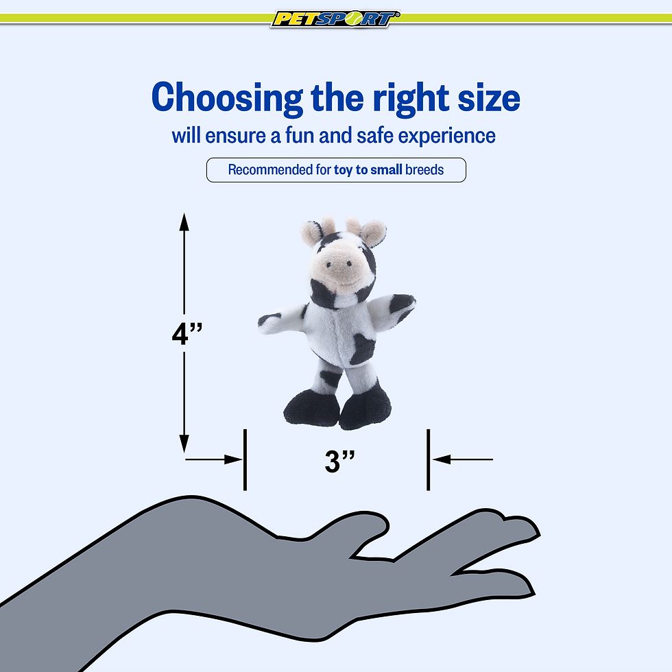 Thumbnail: Plush cow toy, "Choosing the right size" text, 4" height, 3" width.