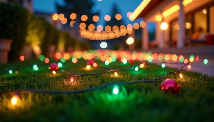 Eye-level view of a festive artificial grass lawn decorated with colorful string lights and holiday ornaments