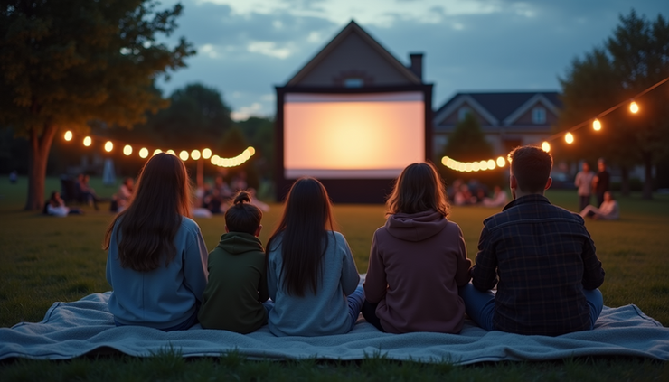 High angle view of neighbors enjoying an outdoor movie night in a park