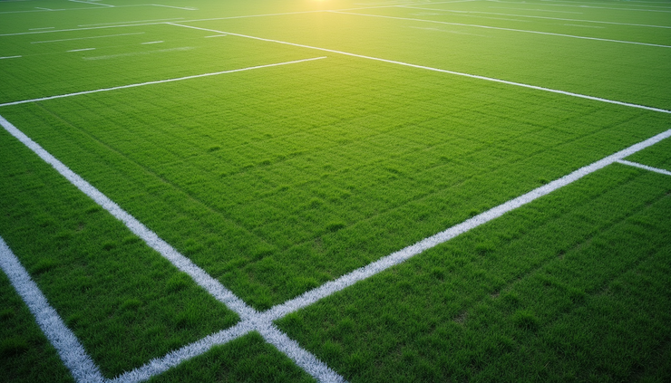 High angle view of a commercial artificial turf sports field with clear markings and synthetic grass
