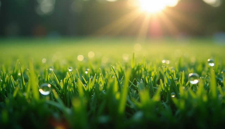 Close-up view of artificial turf fibers with morning dew droplets