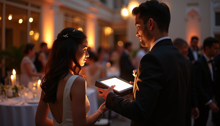 Eye-level view of a photographer adjusting a portable LED light at an evening wedding reception