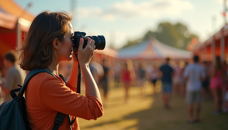 Eye-level view of a photographer capturing a lively outdoor event with a modern camera