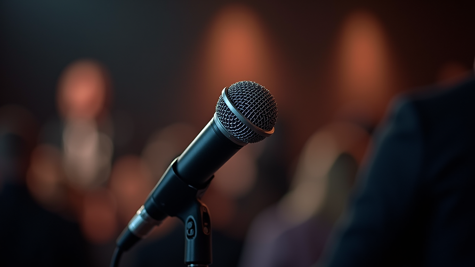 Close-up of a microphone on stage at a poetry reading event