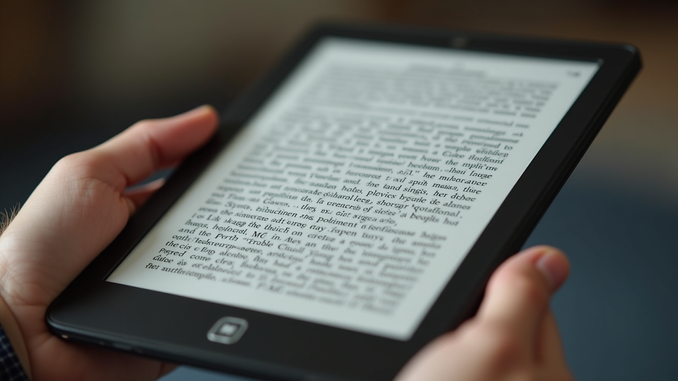 Close-up view of an e-reader displaying a political reform book