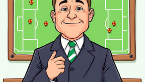 Celtic manager in front of a tactics board.