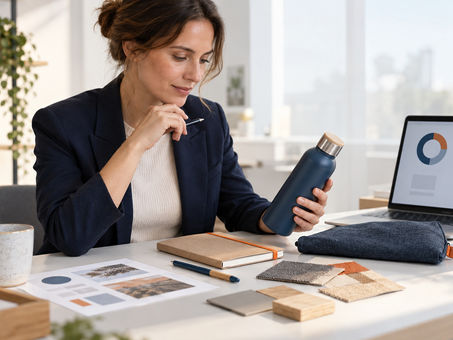 Beraterin prüft Produktinformationen und Materialnachweise für Werbeartikel