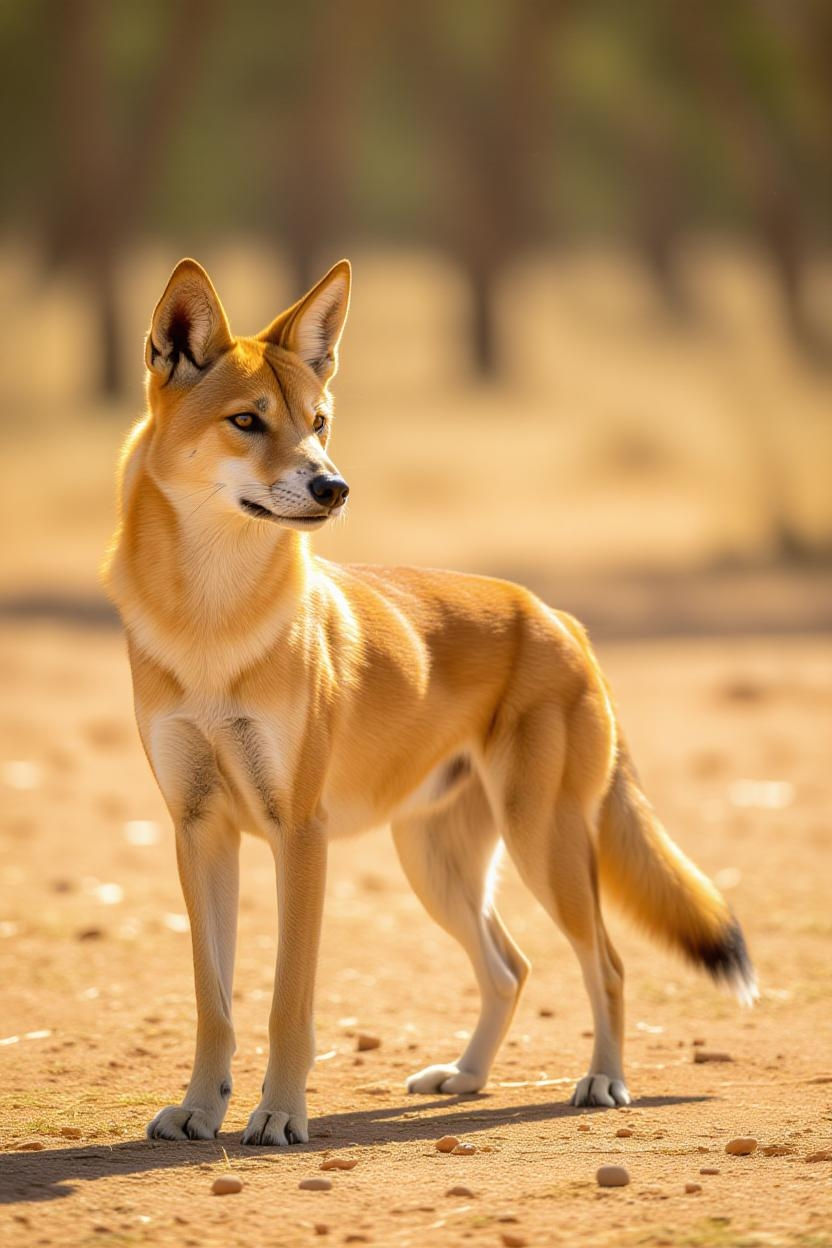 Golden dingo stands alert on sandy terrain, ears perked, under a sunlit sky. Blurred background of trees suggests a warm, serene setting.