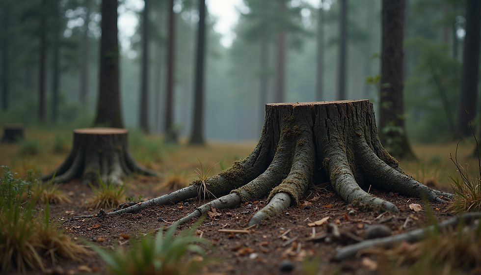 High angle view of a deforested landscape with tree stumps