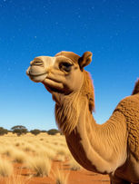 Camel standing in a desert with dry grass and trees under a starry blue sky. The camel's calm expression fills the scene with serenity.