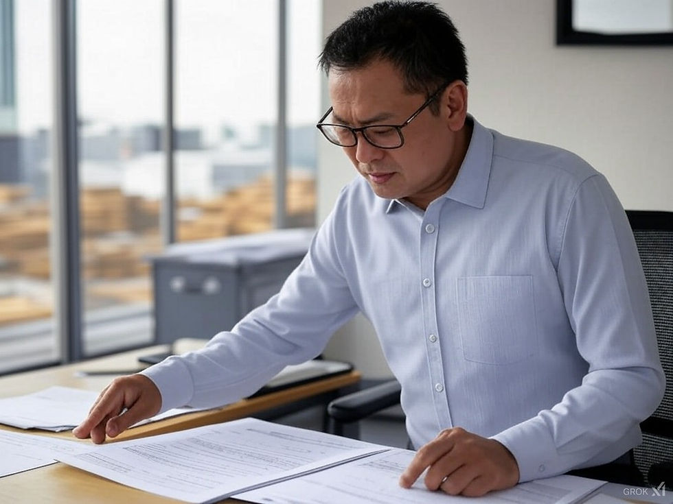 Man in glasses, blue shirt, focuses on paperwork in a modern office with large windows. Bright, organized setting conveys concentration.