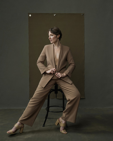 Editorial camel suit women's portrait session at Melody Smith Portrait Studio in Petersburg Virginia serving Richmond and Colonial Heights VA
