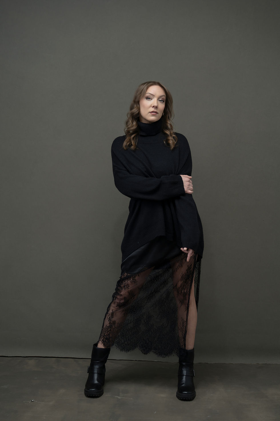 Editorial women's portrait session black oversized turtleneck lace maxi skirt black boots Melody Smith Portrait Studio Petersburg VA