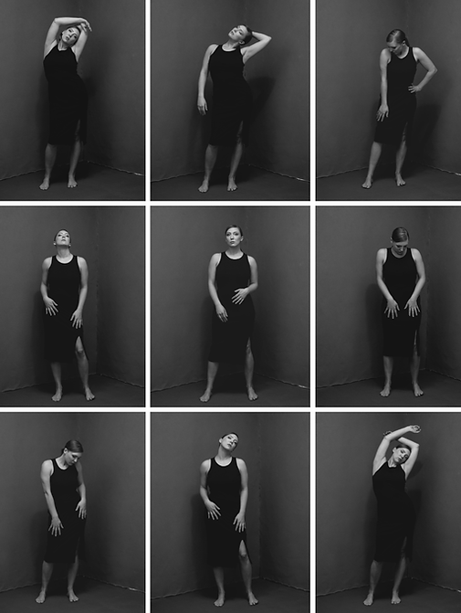 9 image black and white collage of a movement styled photoshoot of a woman in a black dress at Melody Smith Portrait in Petersburg, VA