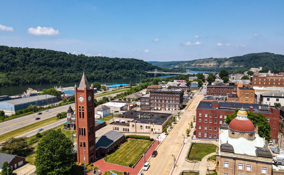 The historic ELHSAA Clocktower, photo shot by drone looking down river