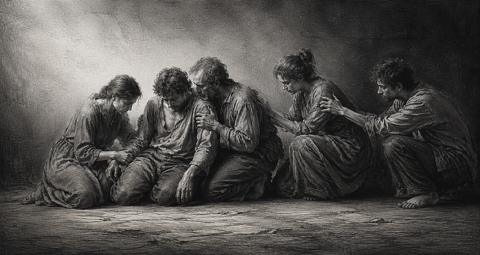 Des hommes et des femmes épuisés se soutiennent mutuellement, illustration en noir et blanc de la solidarité propre à la condition humaine.
