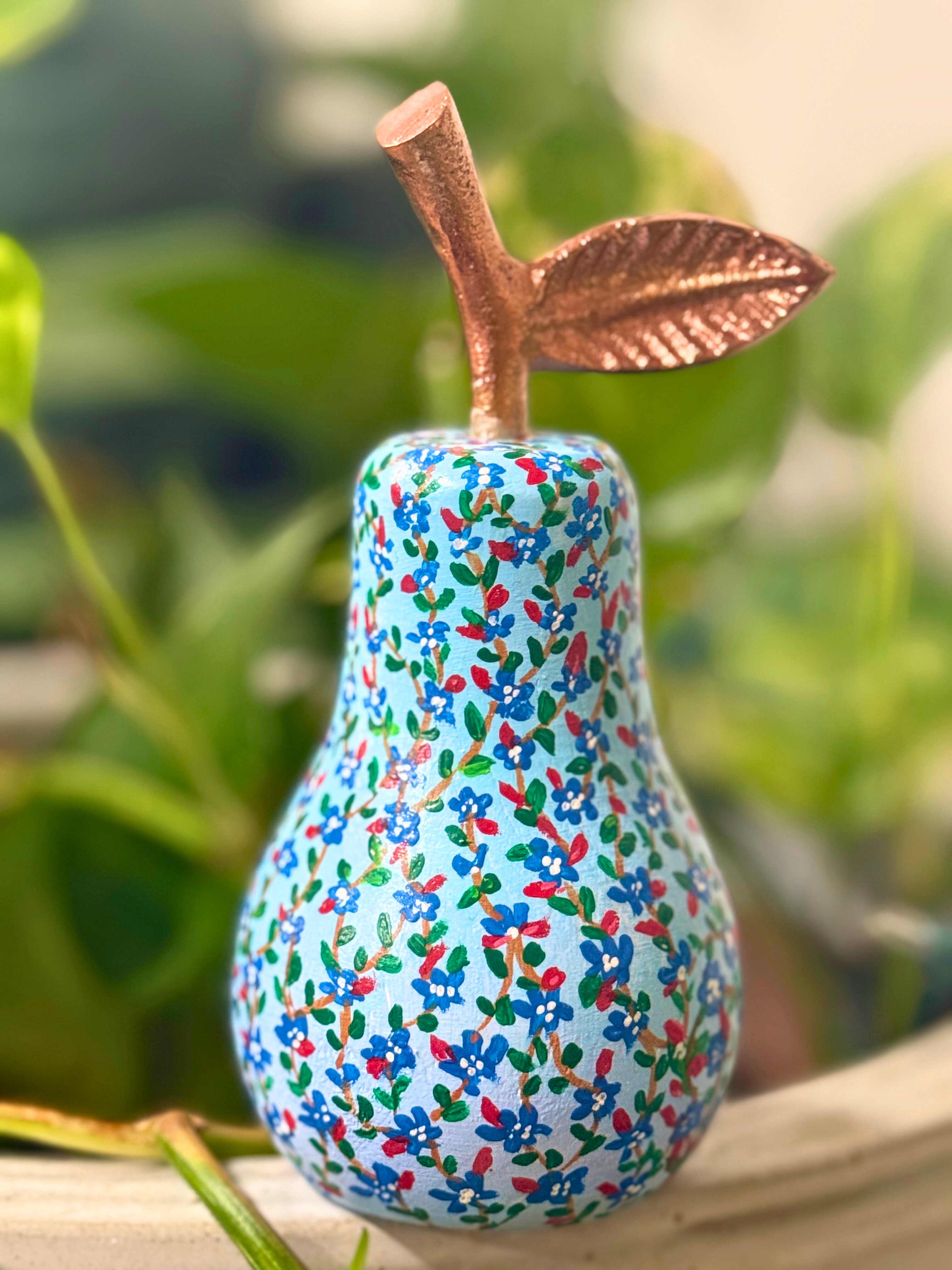 Hand-painted minimalist blue floral wooden pear decor accent with copper color stem and leadf