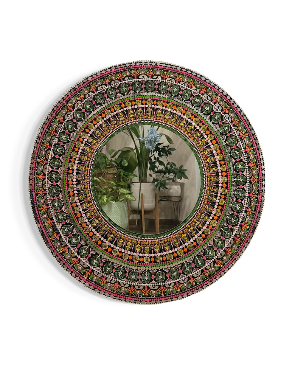Thumbnail: Hand-painted 36" round mandala mirror artwork on Baltic Birch wood. Intricate acrylic dot mandala design with mirror accents 