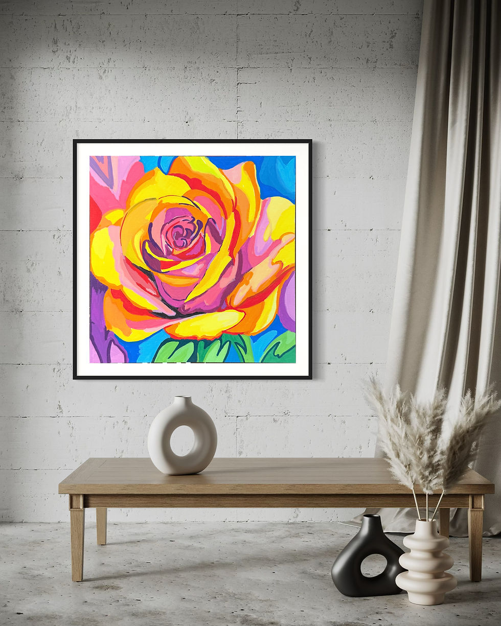 Thumbnail: Original 6×6 colorful botanical rose painting in pink, yellow, orange and violet created with Arrtx Acrylic Markers.