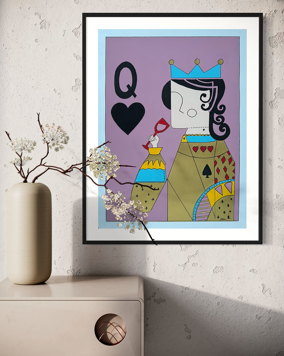 Thumbnail: Handmade queen of hearts painting with purple background, a unique acrylic artwork on heavy duty paper ,perfect for homedecor