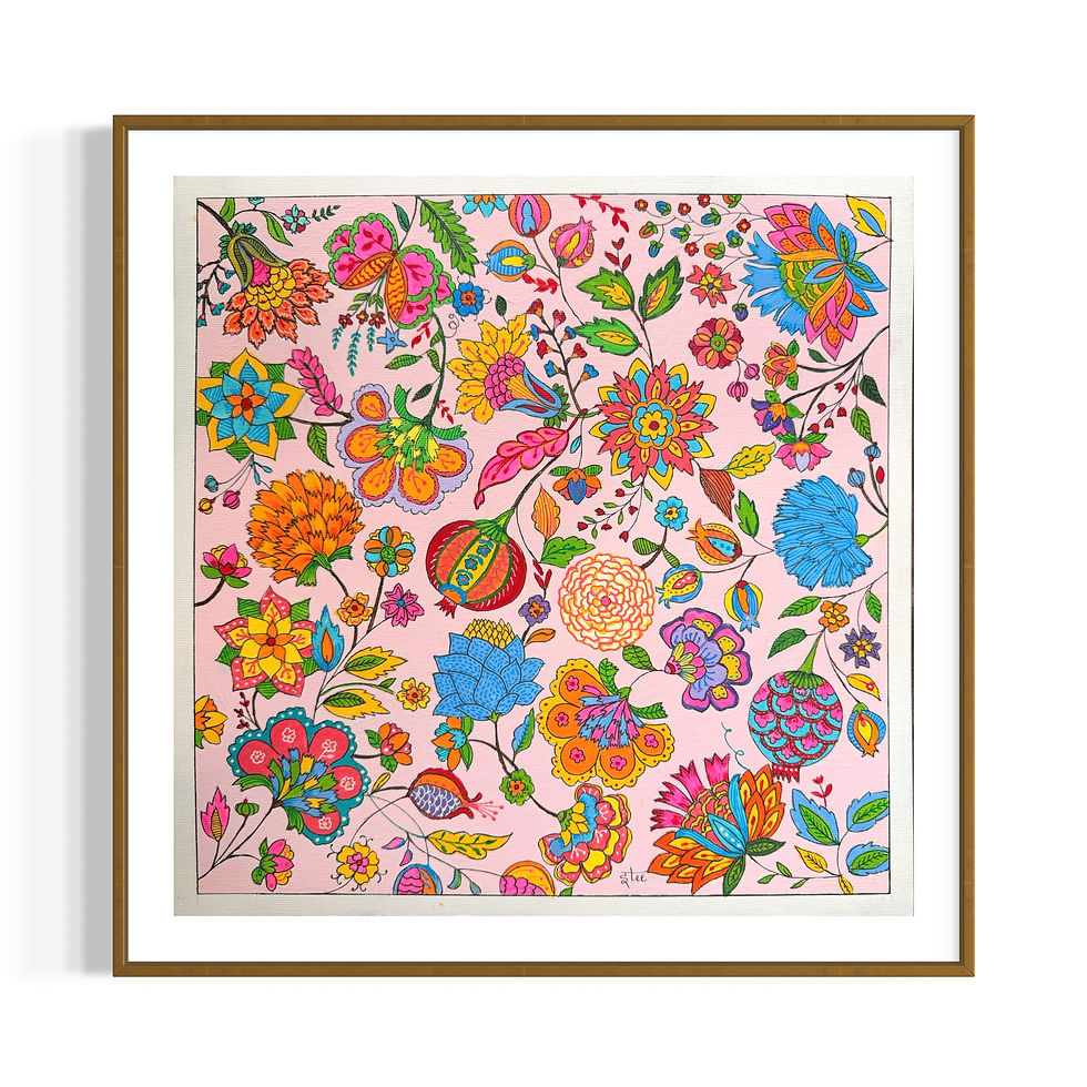 Thumbnail: Handpainted Indian chintz floral botanical artwork in pink, blue, orange, and yellow with intricate folk-art inspired detaili