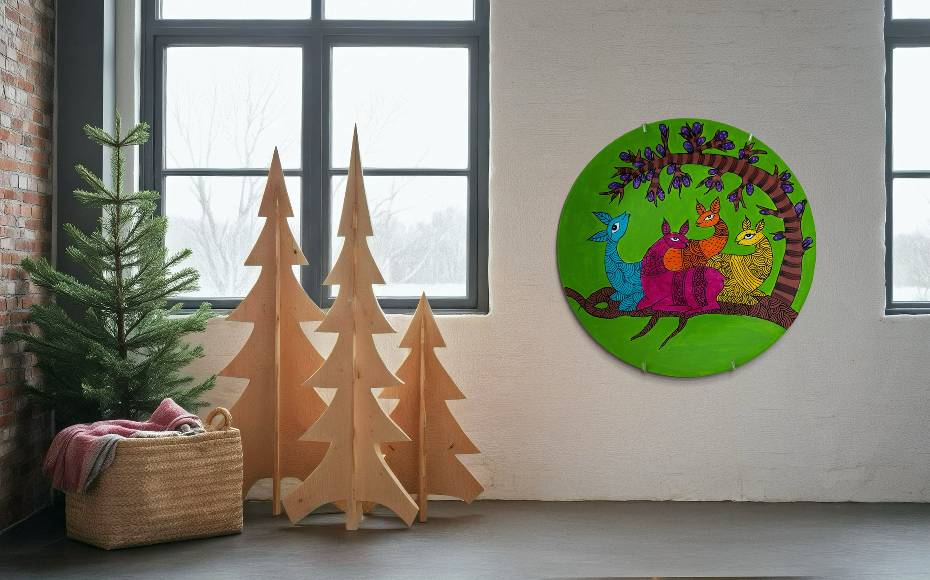 Hand-painted Gond art on 10.25 inch Plate showing colorful deer ad tree branch in circular design with green background