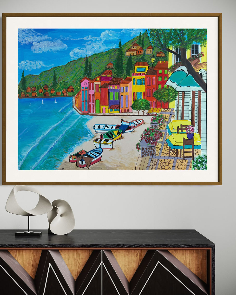 handmade painting 'Vibrant Coastal Haven' featuring colorful houses by the seaside with boats and green hills .