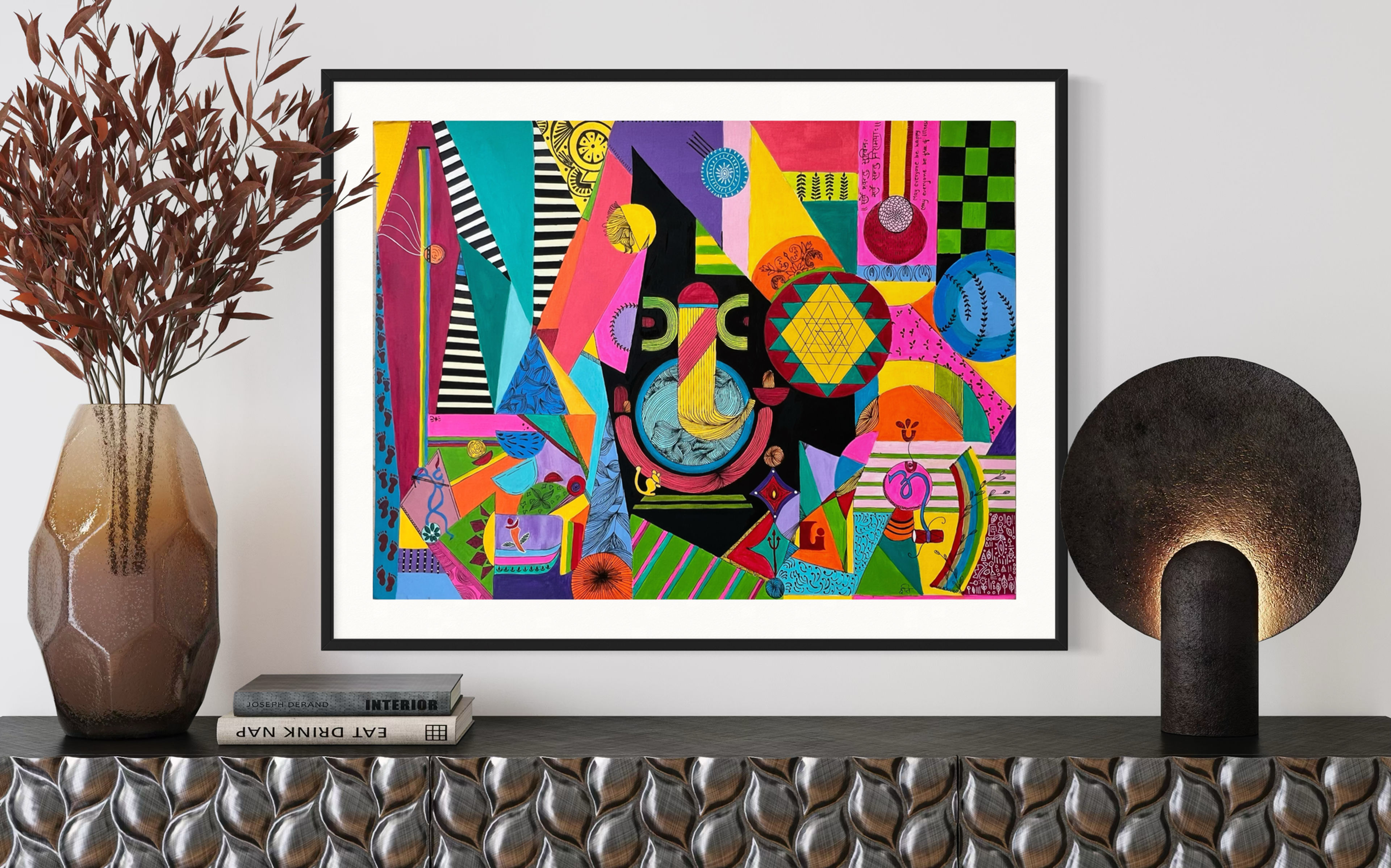 Handmade acrylic abstract painting Cosmic Mosaic Symphony with Geometric Patterns and vibrant colors