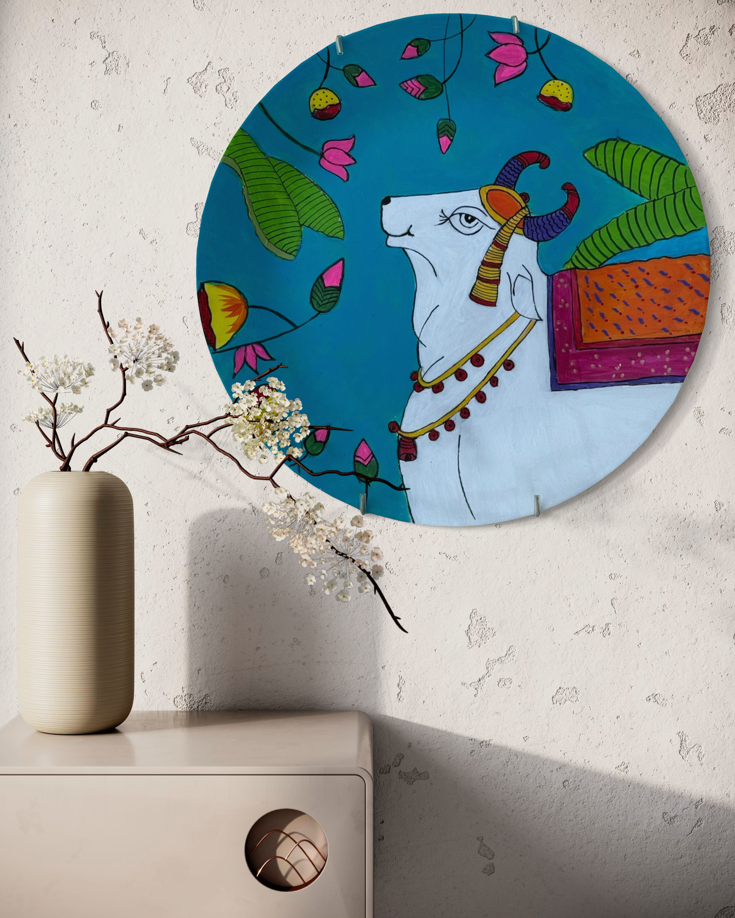 Hand-Painted Pichwai cow with lotus flowers on blue background, on 10.25 inch plate wall art or  display stand  