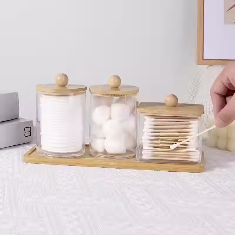 Thumbnail: 3Pack Clear Acrylic Apothecary Jars with Bamboo Lids & Tray – Storage Set