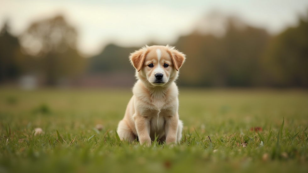 Eye-level view of a dog sitting calmly on a grassy field