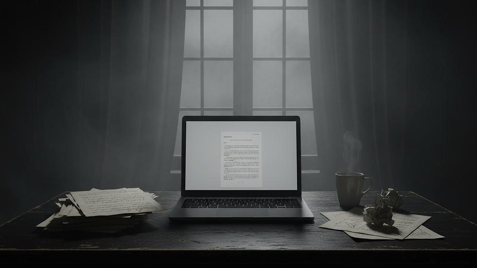 Eye-level view of a laptop with a manuscript and notes on a wooden desk