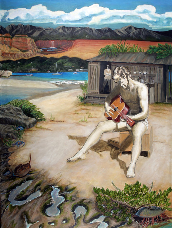 Oil painting portrait of man with guitar on beach
