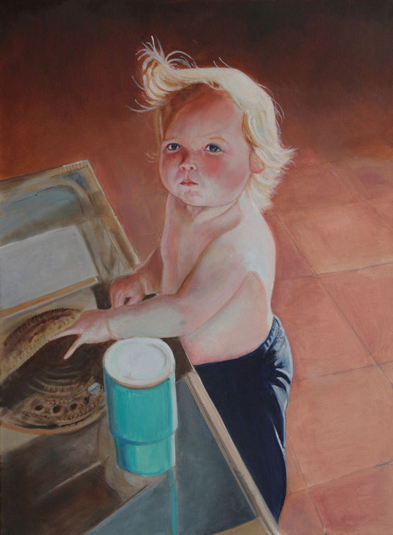 oil painting portrait of standing baby boy with blonde hair