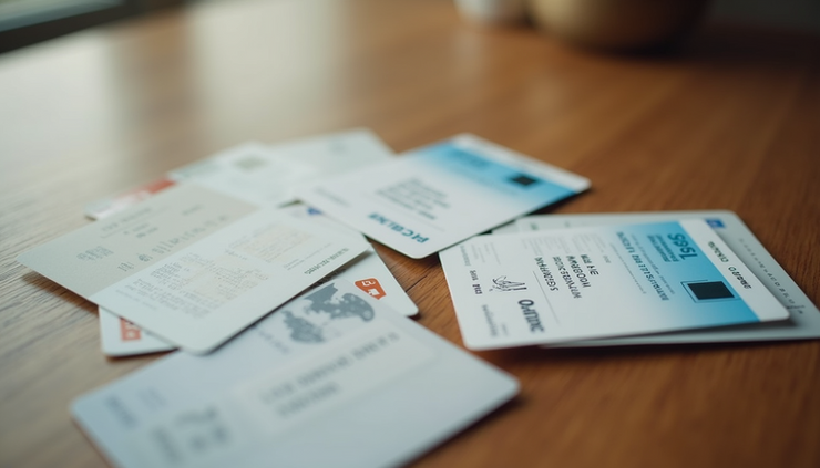 High angle view of a variety of printed ID cards spread on a wooden table