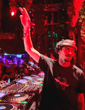 DJ playing an energetic house set at Sonus Festival, with the audience cheering and hands in the air.