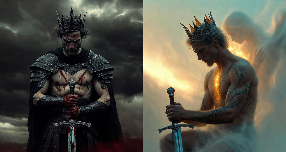 The Crack Appears: The sword no longer points outward. He bows his head. The blade begins to lower. And behind him, barely seen, the presence of the feminine watches, tender and unflinching. The heart glows. The war begins to end.