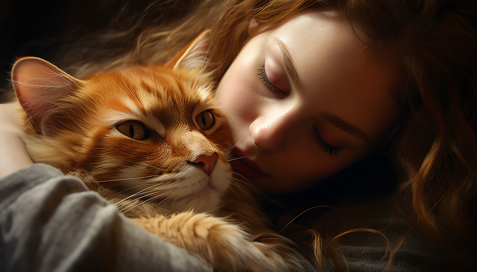 A Girl and A cat hugging each other