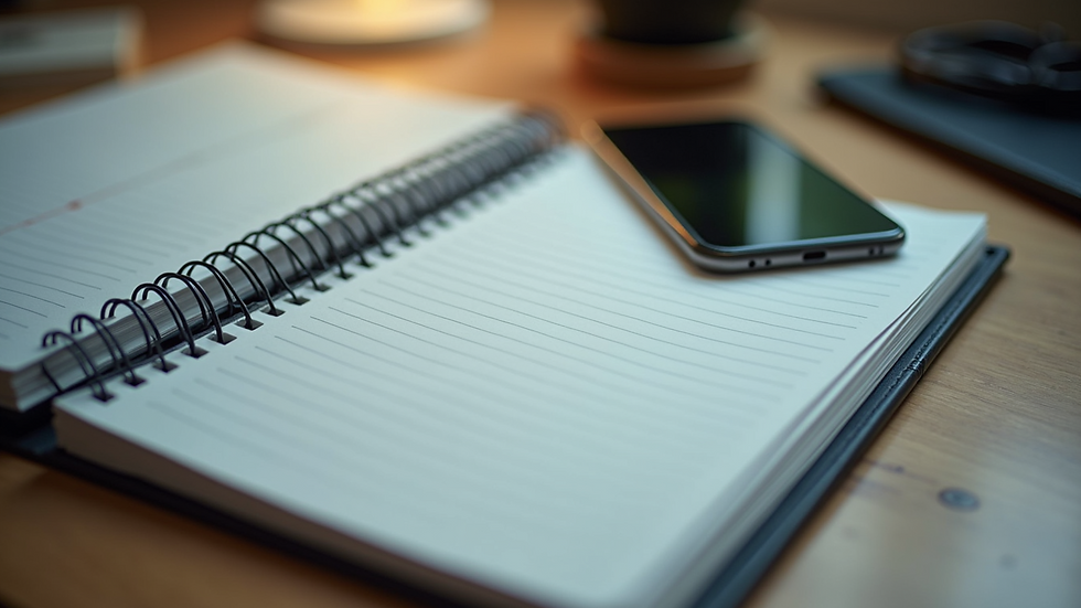 High angle view of a digital workspace featuring a notebook and a smartphone