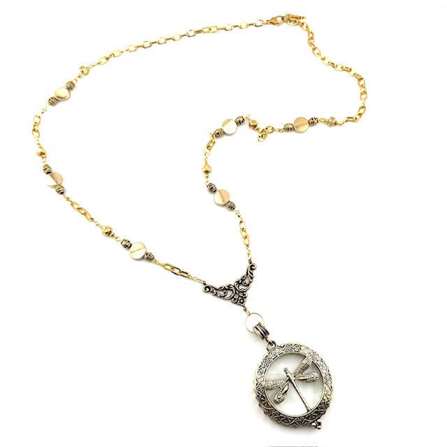 Thumbnail: Magnificent Monocle Necklace- Antiqued Golden Dragonfly