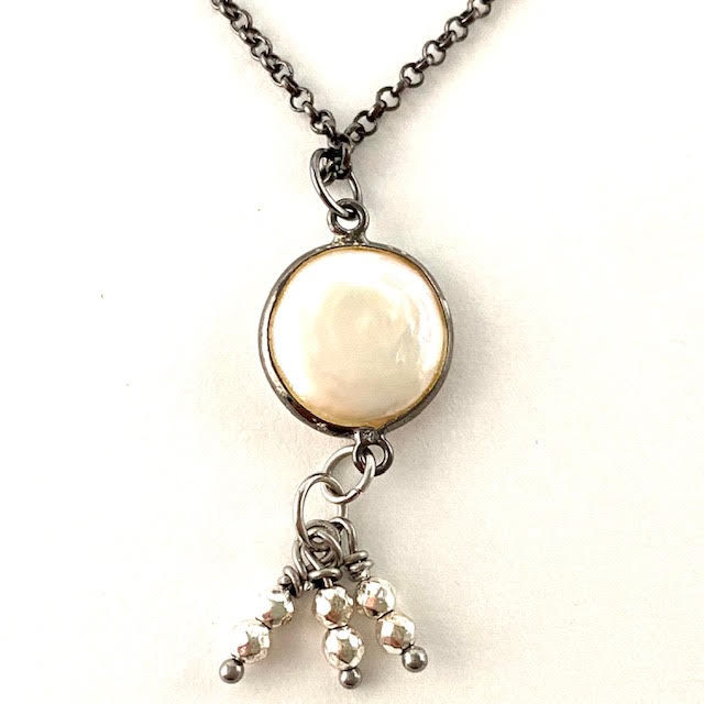 Thumbnail: Gunmetal Mother of Pearl Dangle Necklace- Silver