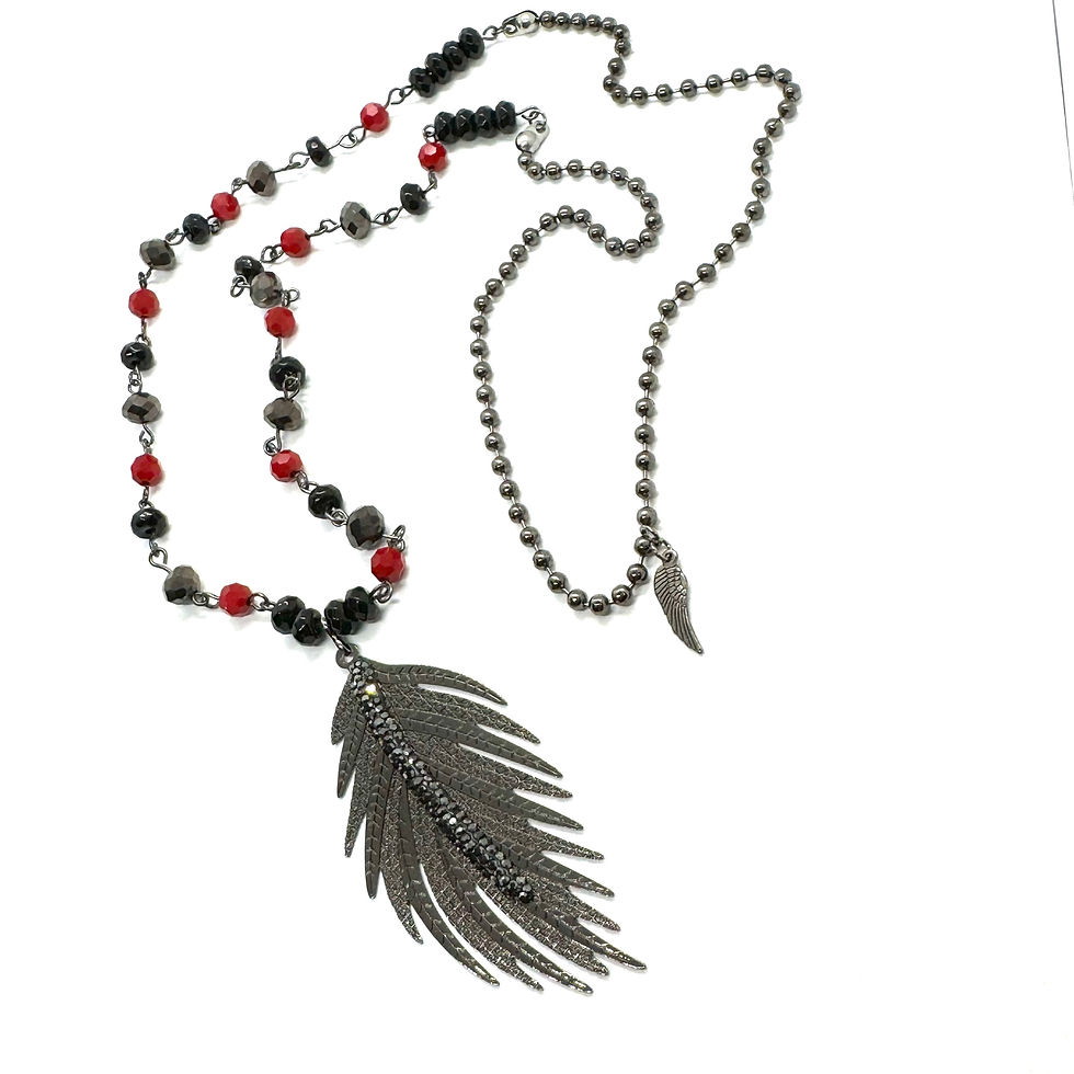 Thumbnail: Rhinestone Feather Beaded Gunmetal Necklace- Red N Black
