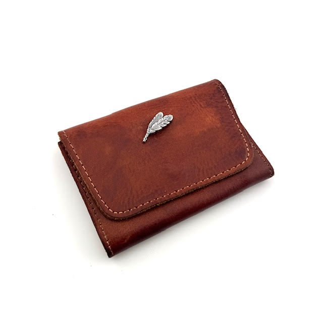 Thumbnail: Small Leather Pocket Wallet- Vintage Brown Feathers "Inspire"